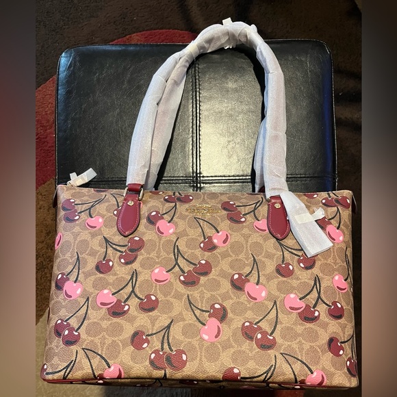 Coach Cherry Print Brown Tote Bag - Picture 3 of 7